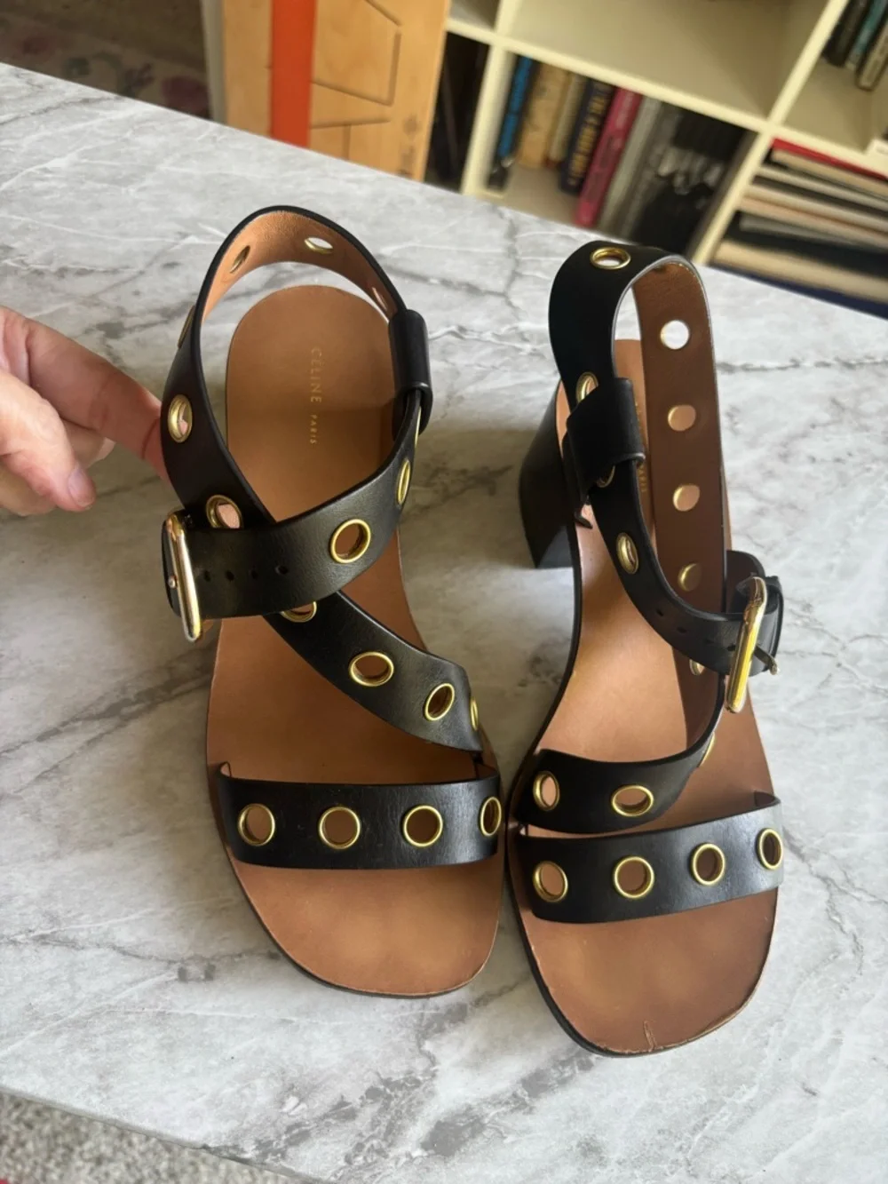 EUC CELINE Black w/Gold Grommet Straps block Heeled Sandals - Women size - Picture 2 of 6